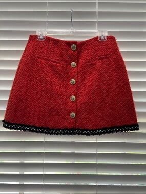 Astr Red Tweed gold Button-Front Mini Skirt with Black Fringe Hem